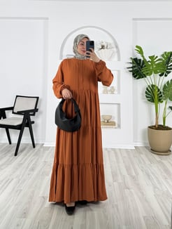 3475-pamuk viskon kumaş-bilek ucu büzgülü elbise-turuncu