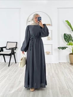 4172-vrn polyester kumaş-balon kol hakim yaka kemerli elbise-füme