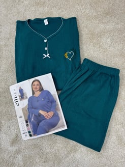 Ç8398 - büyük beden önü dügmeli fitilli pijama takımı - PETROL YEŞİLİ  