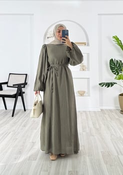 4172-vrn polyester kumaş-balon kol hakim yaka kemerli elbise-yeşil