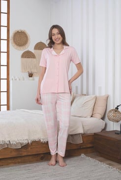 ç6098 - milan kumaş gömlek yaka kareli kısa kollu pijama takımı- pudra 
