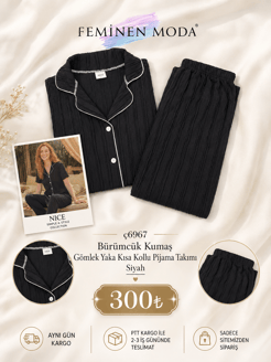 ç6967-bürümcük kumaş gömlek yaka kısa kollu pijama takımı-siyah