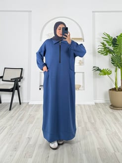 2508 - oysho kumaş yarım fermuarlı cepli elbise - mavi