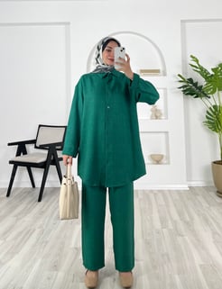 6184-keten kumaş-pantolonlu tunik takım-benetton yeşili
