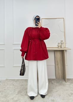 1338-terikoton kumaş kuşaklı tunik-kırmızı