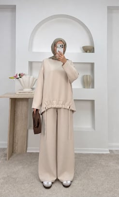 8462-dabıl kumaş  pantolonlu takım-krem