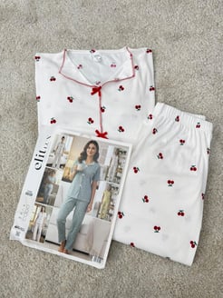 ç8658-milan kumaş kısa kollu kirazlı pijama takımı-beyaz