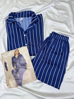 ç5494 - milan kumaş büyük beden dügmeli çizgili pijama takımı - lacivert
