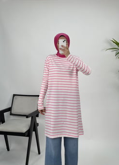 5356-suprem penye kumaş-çizgili tunik-pembe