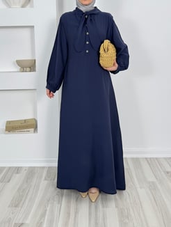 1282-modal kumaş önden bağlamalı elbise-lacivert