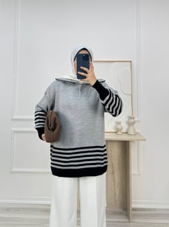 2162-fermuar yaka çizgili triko tunik-gri