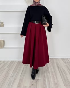 3359-dabıl krep pileli kemerli etek-bordo