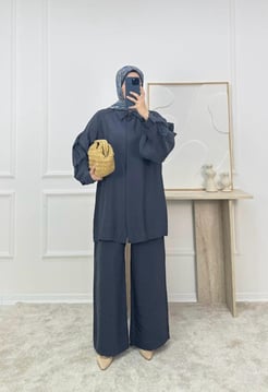 3675-cupra modal kumaş düğmeli belden kuşaklı pollino takım-füme