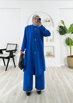 5271-keten kumaş-düğme kısmı taş detaylı pantolonlu takım-saks mavisi