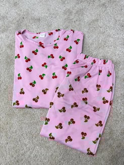 ç430-milan kumaş büyük beden uzun kol kirazlı pijama takımı-pembe