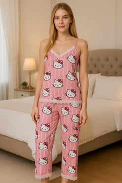 Ç513 - milan kumaş ip askılı pantolonlu hello kity pijama takımı - pembe 