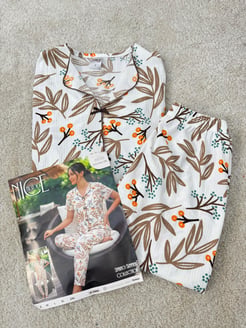 ç6635-bürümcük kumaş gömlek yaka kısa kollu pijama takımı-beyaz