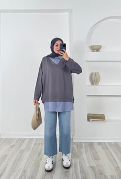 5690 - kristal kumaş çizgili gömlek tunik - gri 