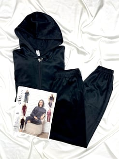 ç8551-kadife kumaş fermuarlı kapüşonlu pijama takımı -siyah