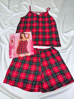 ç3926 - milan kumaş ip askılı kareli şortlu pijama takımı - kırmızı 