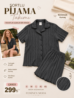 ç6933-bürümcük kumaş fırfırlı şortlu takım-füme