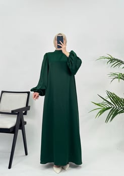 7185 F34+Balon Kol Hakim Yaka Kuşaklı Saten Elbise Yeşil