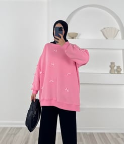 70319 -üç iplik fiyonklu sweatshirt- pembe 