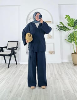 9314 - modal kumaş pantolonlu kimona ikili takım - lacivert