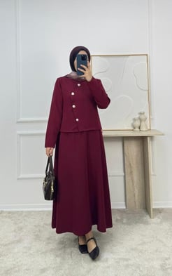 1719-dabıl krep kumaş etekli takım-bordo