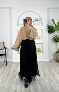3885-misineli kumaş-tül iç astarlı altı volan etek-siyah