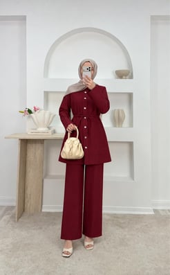1319-paraşüt kumaş beli büzgülü pantolonlu takım-bordo