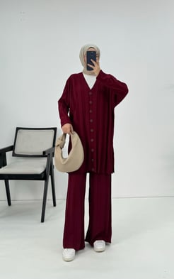 5724-önü düğmeli pantolonlu triko takım-bordo