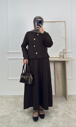 7016- dabıl krep kumaş etekli takım -acı kahve 