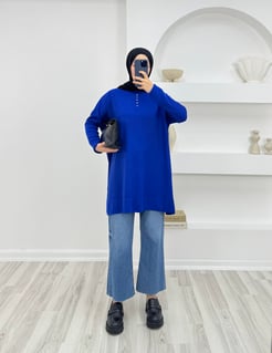 5671 - önü taşlı triko tunik - saks mavisi