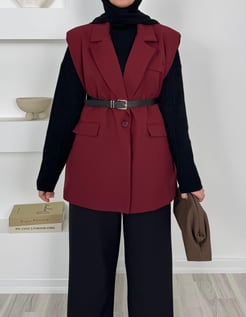 9824-vatkalı blazer kemerli yelek-bordo