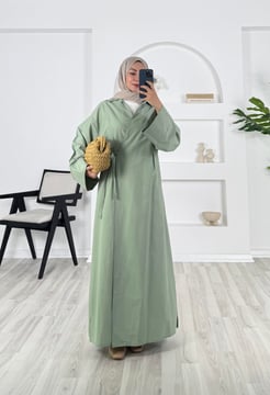 4652 - poplin kumaş yaka detaylı uzun kimona ceket - yeşil 