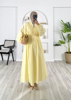 6068-poplin kumaş-önü nervüllü biyeli elbise-sarı