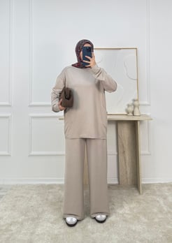 9130 - kristal kumaş cepli tunik pantolonlu takım - taş