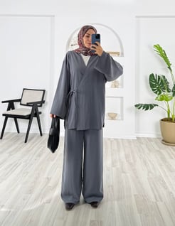 6383-cupra kumaş-üstü kimono pantolonlu takım-füme