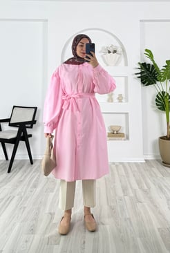 2743-terikoton kumaş-kemerli tunik-pembe