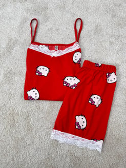 Ç146-milan kumaş hello kity şortlu pijama takımı-kırmızı