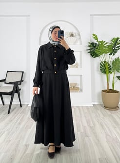2035-sofia keten kumaş-önü düğmeli etekli takım-siyah