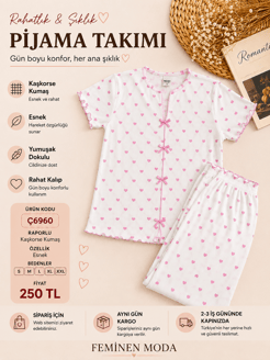 ç6958-raporlı kısa kol gömlek yaka pembe kalpli pijama takımı-beyaz
