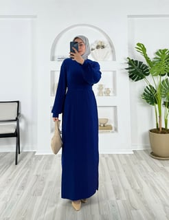 2484-sandy kumaş-kemerli elbise-saks mavisi