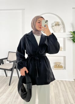 5857-parlak kumaş-kemerli bilek ucu büzgülü ceket-siyah