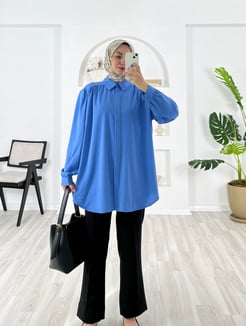 6647-dubai kumaş-gizli düğmeli kemerli tunik-indigo mavisi