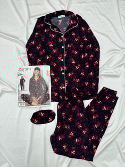 ç5543 Uzun Kollu Gömlek Yaka Pijama Takımı- love yazsılı