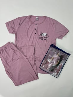 Ç7351 Fitilli Kısa Kollu Battal Beden Düğmeli Pijama Takımı Gül Kurusu