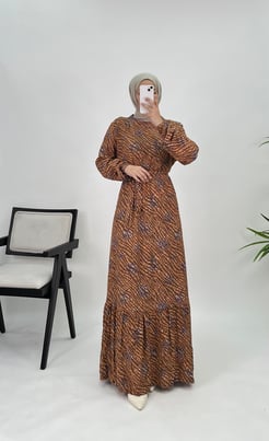 6244 G82+ Pamuk Viskon Kumaş Bengal Desenli Elbise Kiremit