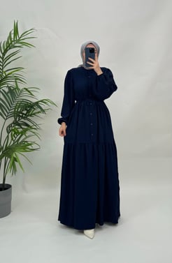 6394-ayrobin kumaş-seyyar kemerli beline kadar düğmeli elbise-lacivert